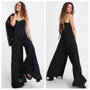 Free People Summer Jamboree Black and White Polka Dot Wide Leg Jumpsuit- Small